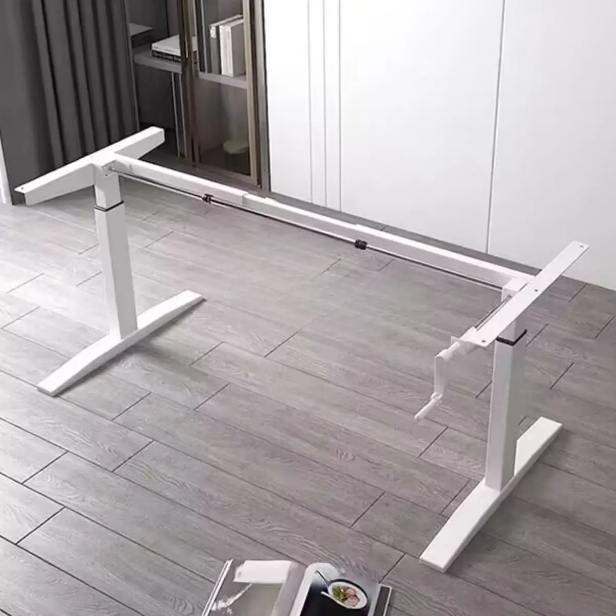 Adjustable Ergonomic White Wood T-Shape Computer Desk — Brown / Without Chairs