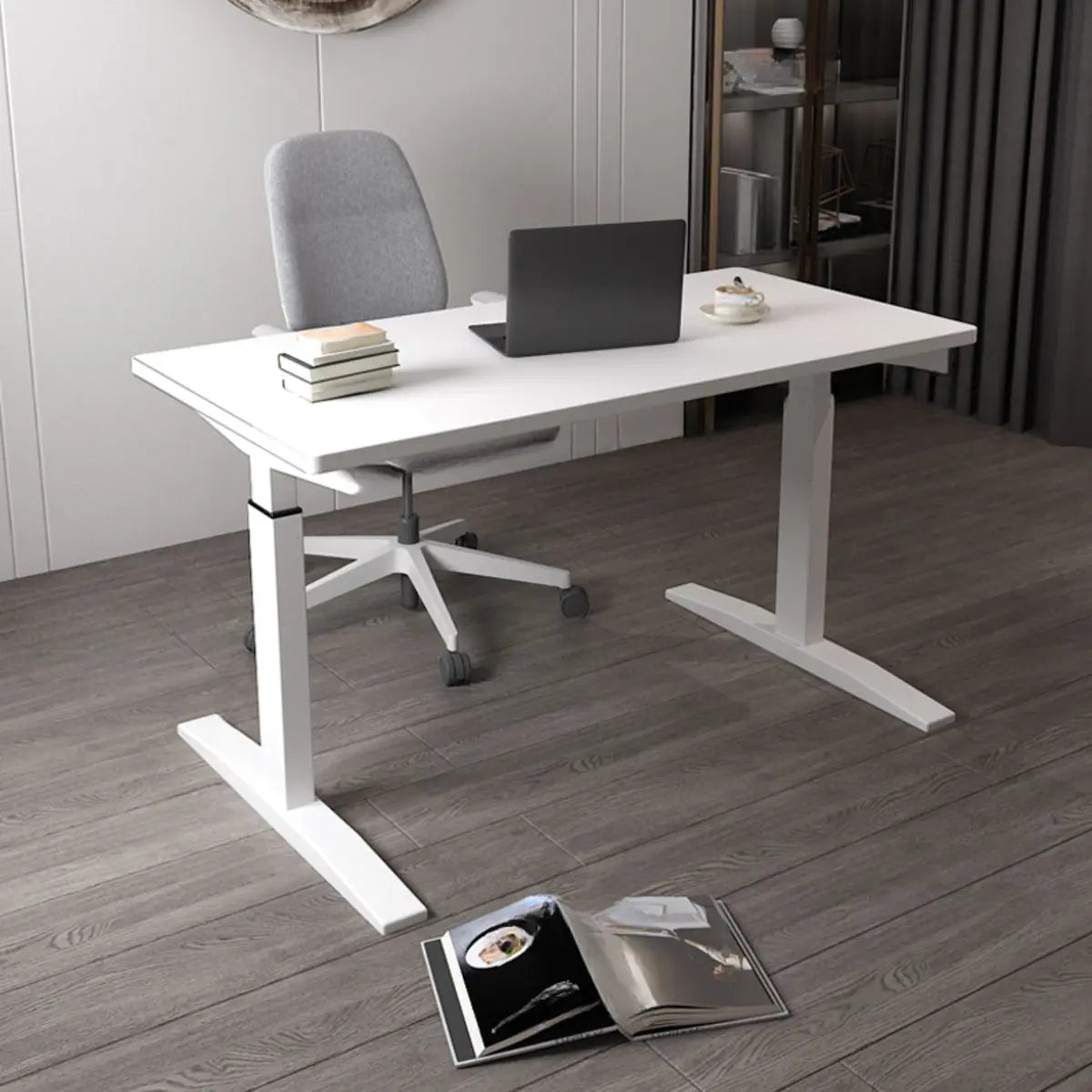 Adjustable Ergonomic White Wood T-Shape Computer Desk — Natural / Without Chairs