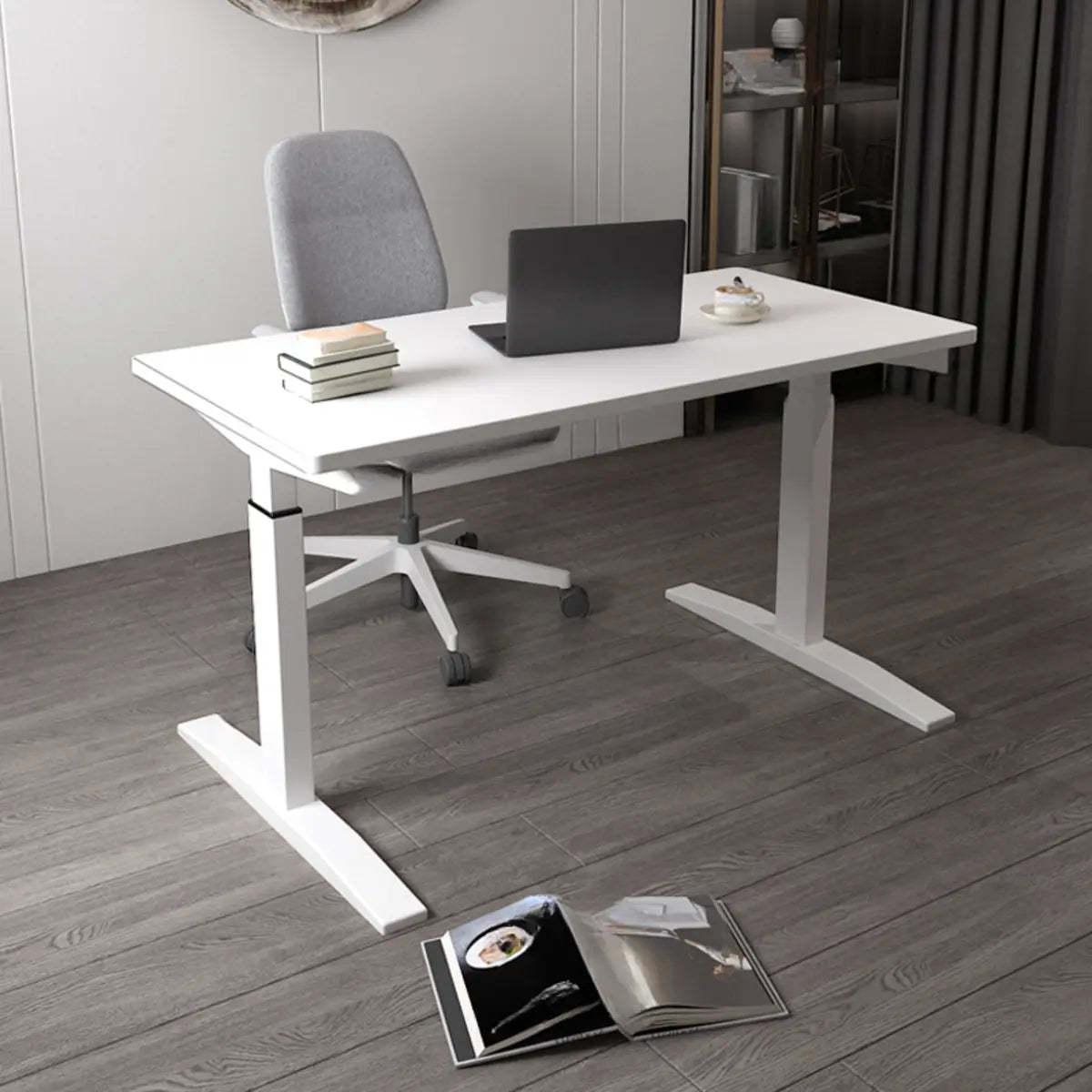 Adjustable Ergonomic White Wood T-Shape Computer Desk — Natural / Without Chairs