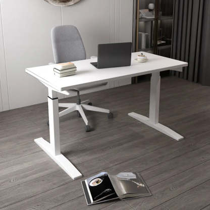 Adjustable Ergonomic White Wood T-Shape Computer Desk — Natural / Without Chairs