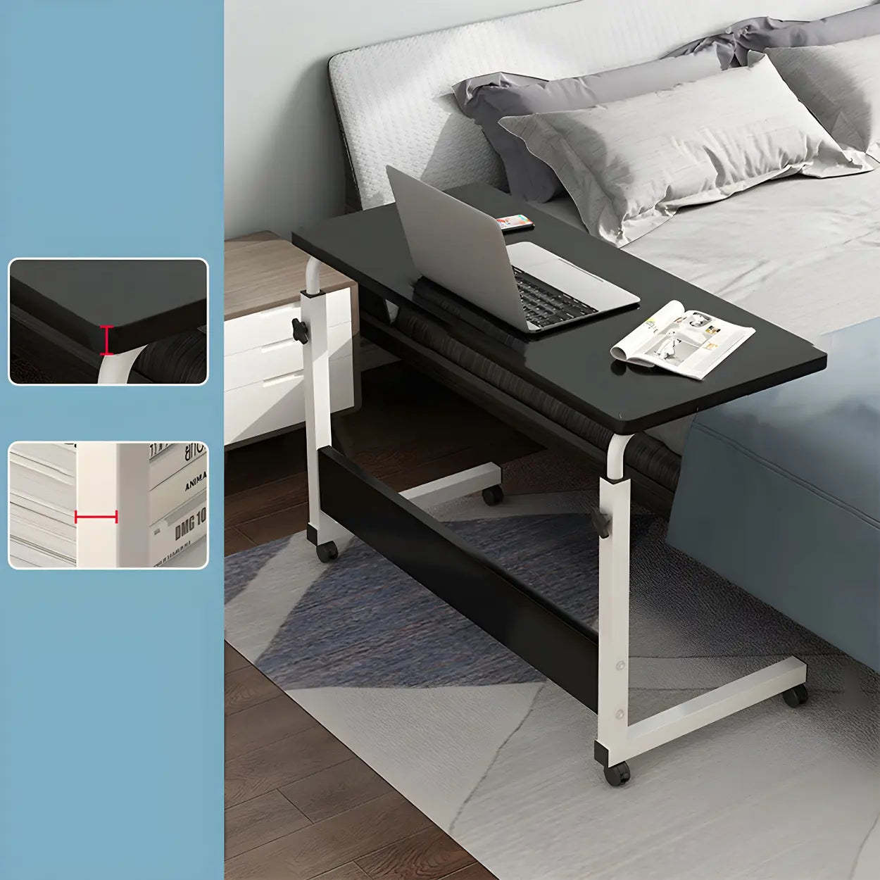 Adjustable Foldable White Wood Rectangular Standing Desk — Black / Without Chairs