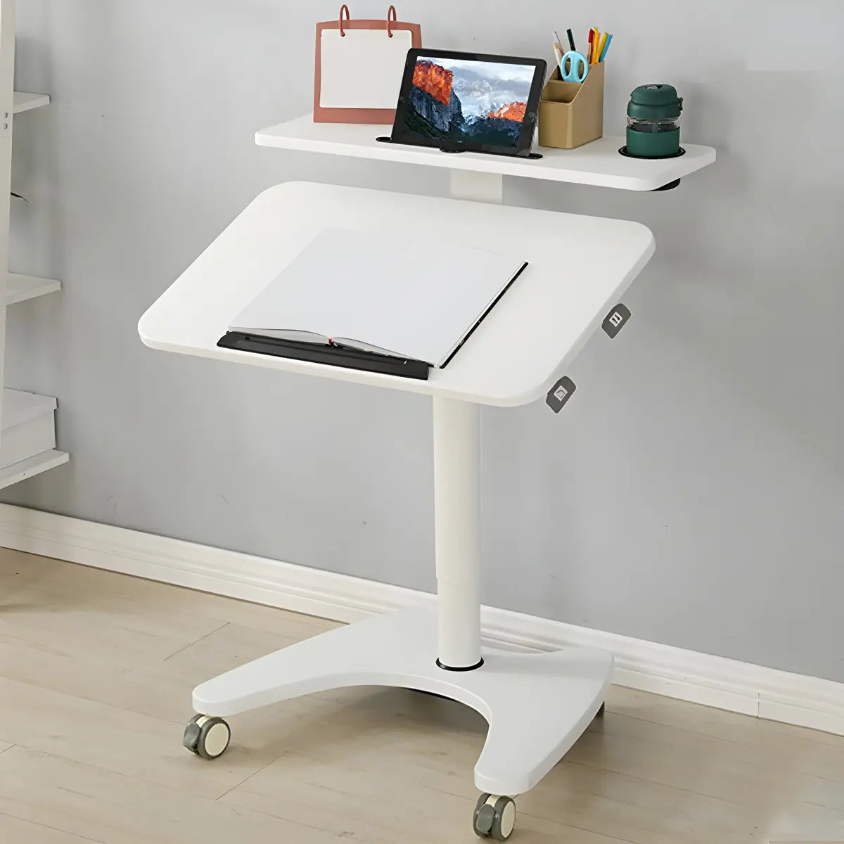 Adjustable Foldable Small White Wood Standing Desk — Walnut / With Keyboard Tray / Without Chairs