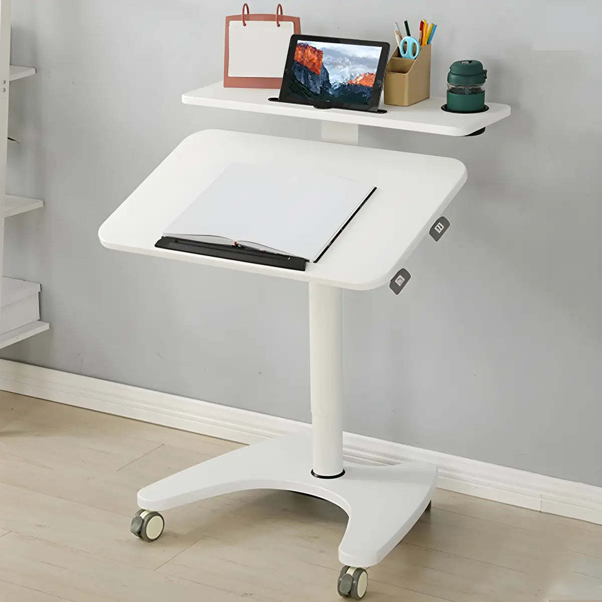 Adjustable Foldable Small White Wood Standing Desk — Walnut / With Keyboard Tray / Without Chairs