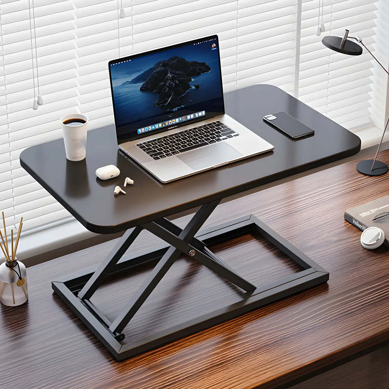 Adjustable Black Wood Folding Trestle Standing Desk — Black / Without Chairs