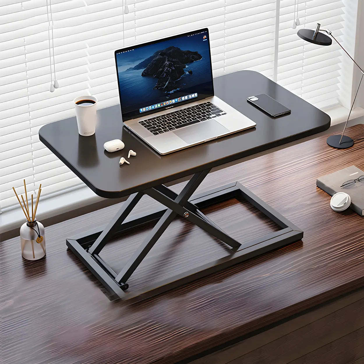 Adjustable Black Wood Folding Trestle Standing Desk — Black / Without Chairs