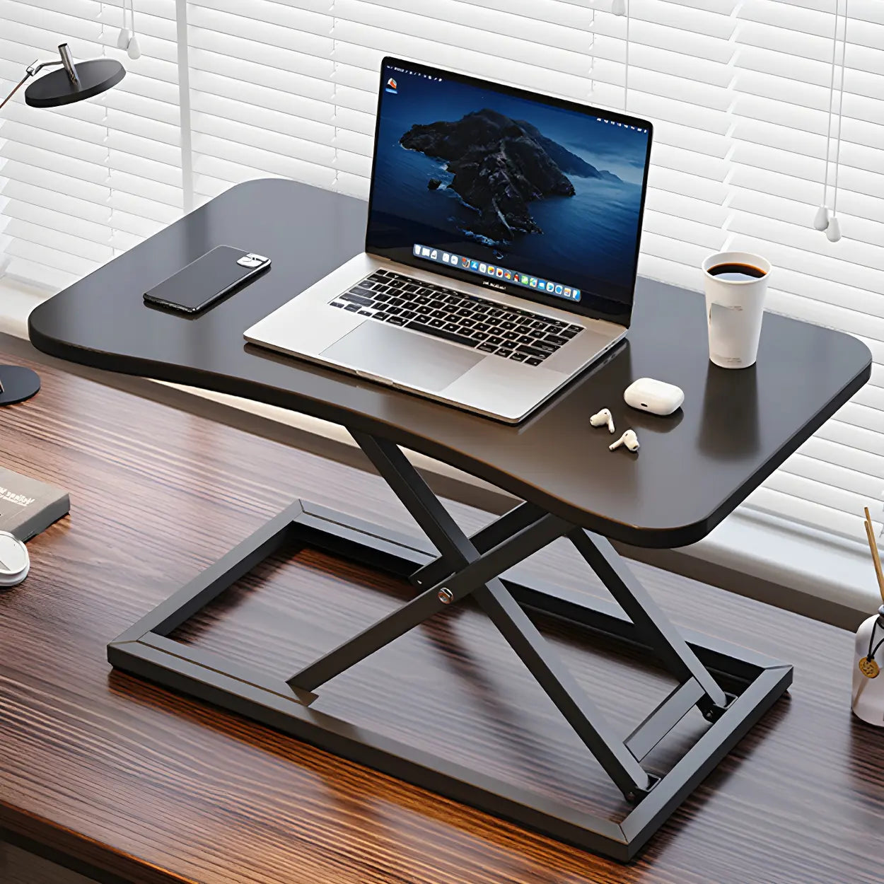 Adjustable Black Wood Folding Trestle Standing Desk — Natural Finish / Without Chairs