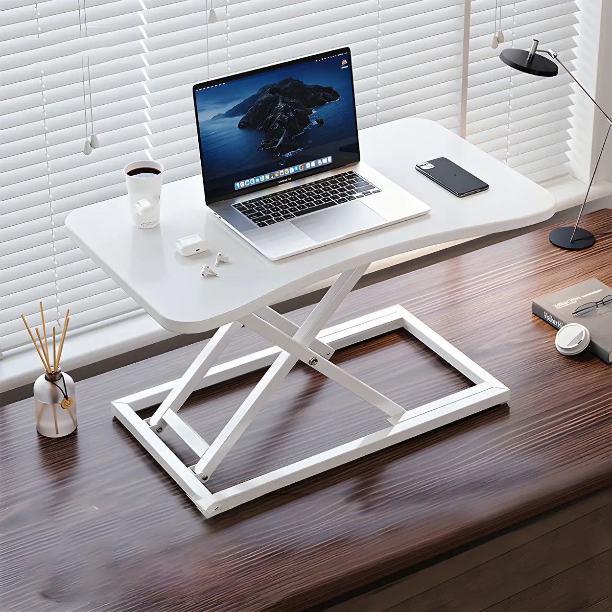 Adjustable Black Wood Folding Trestle Standing Desk — White / Without Chairs