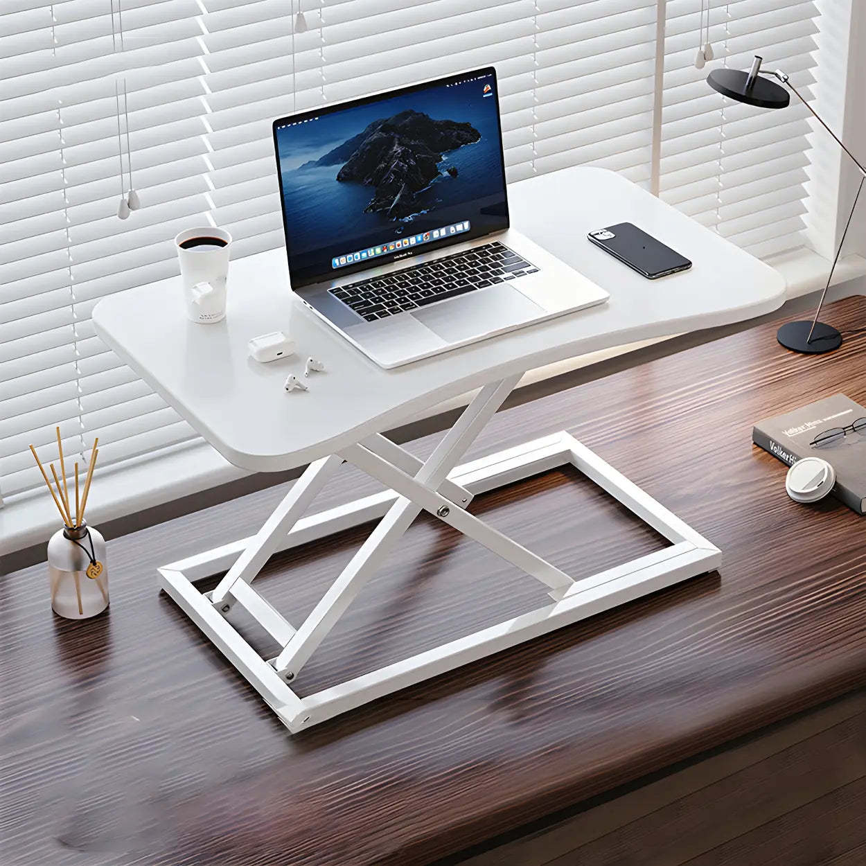 Adjustable Black Wood Folding Trestle Standing Desk — White / Without Chairs
