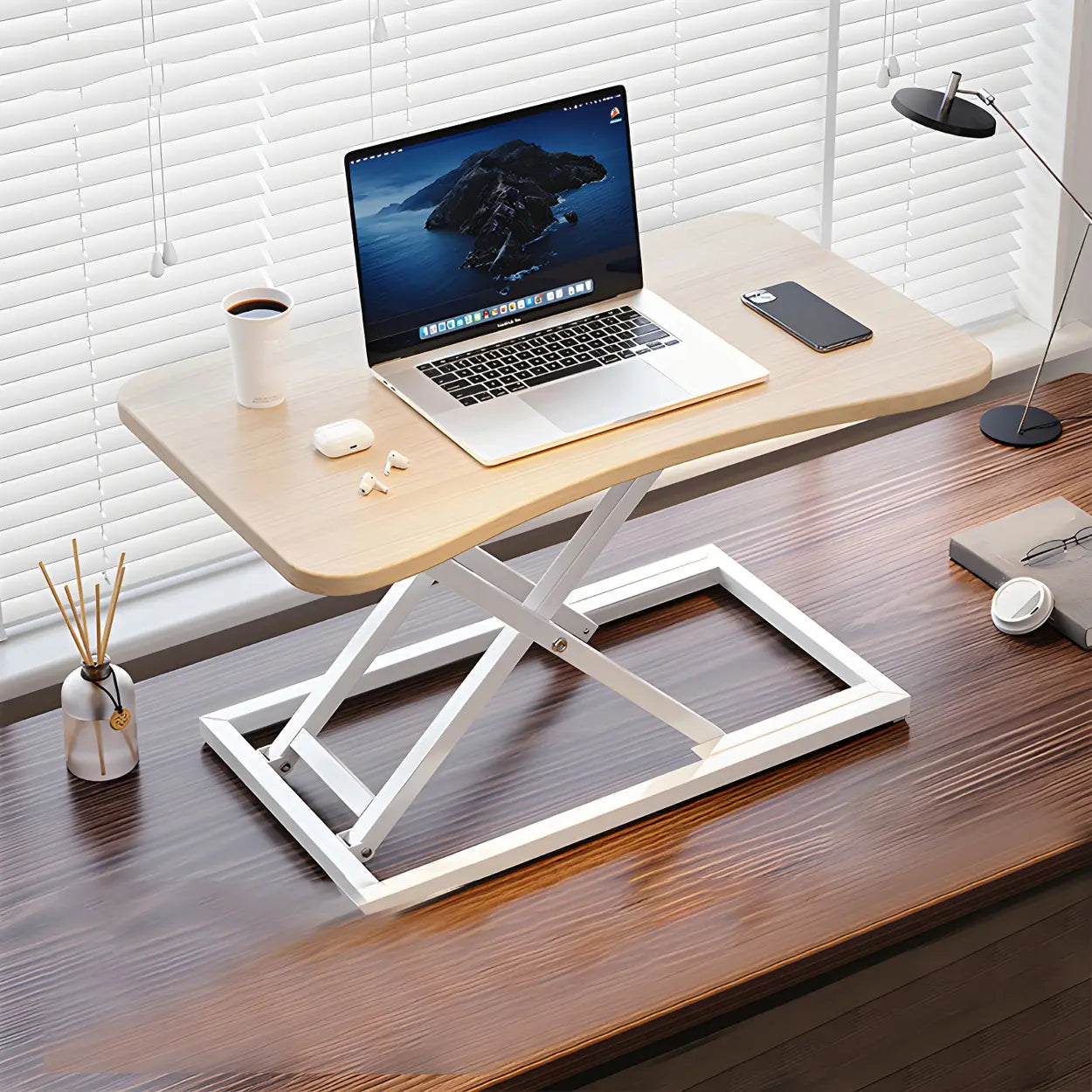 Adjustable Black Wood Folding Trestle Standing Desk — White / Without Chairs
