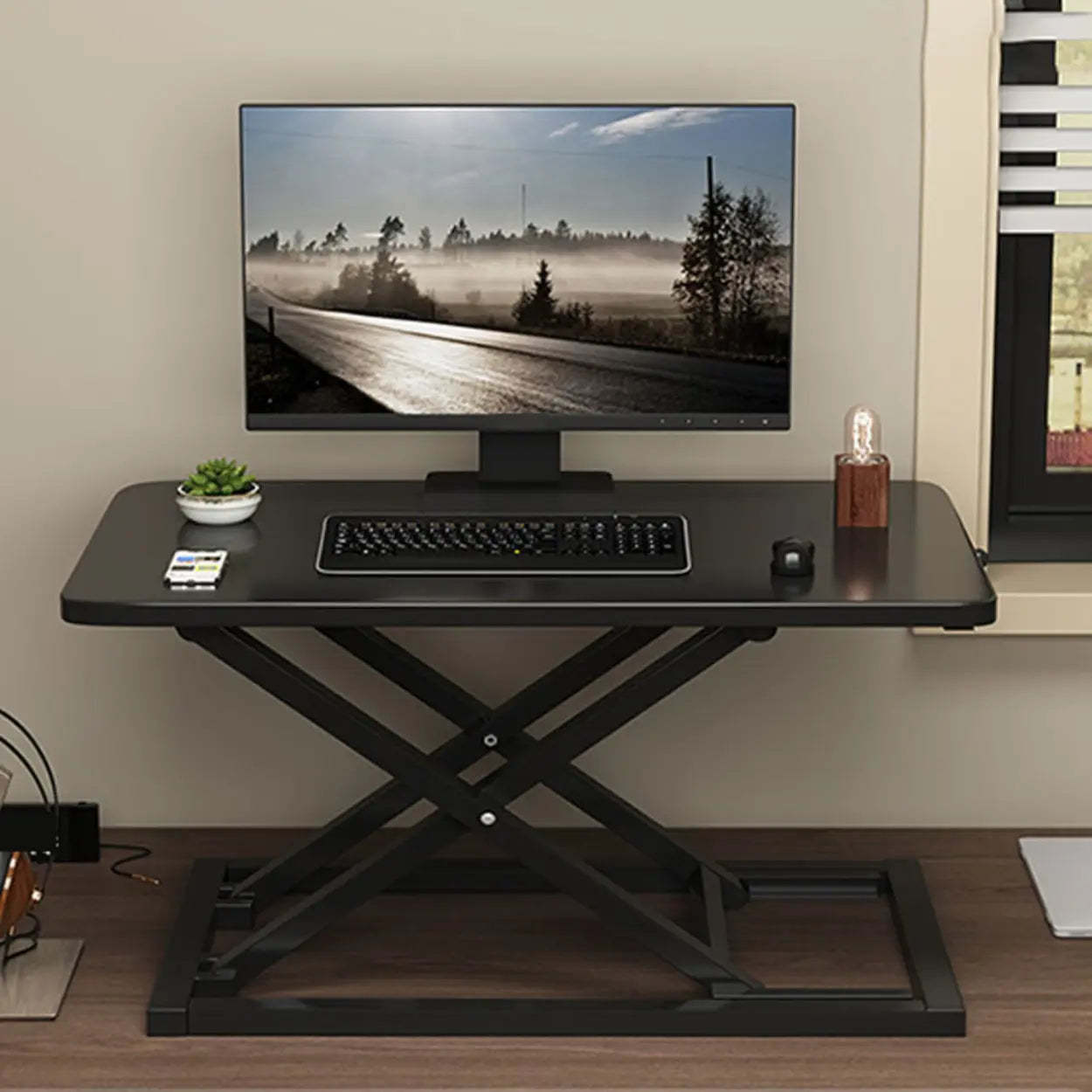 Adjustable Folding Wood Trestle Standing Desk — Black / Table Only