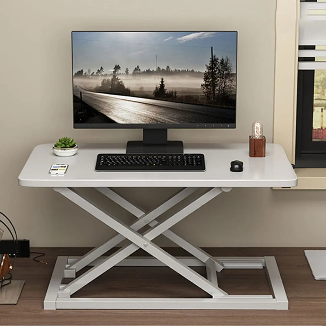 Adjustable Folding Wood Trestle Standing Desk — White / Table Only