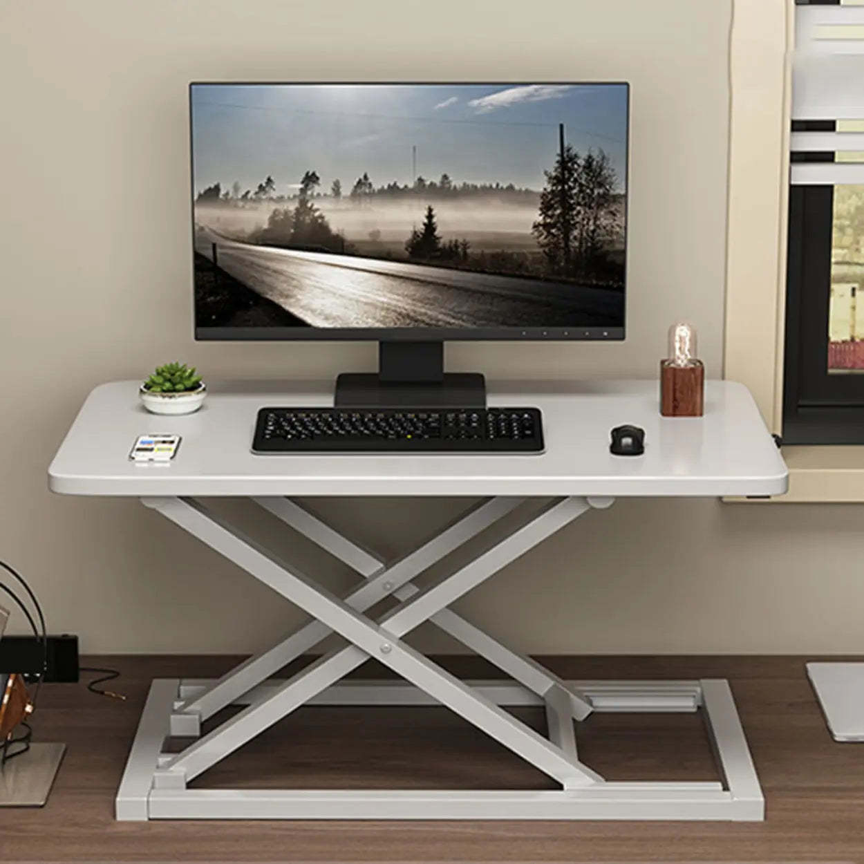 Adjustable Folding Wood Trestle Standing Desk — White / Table Only