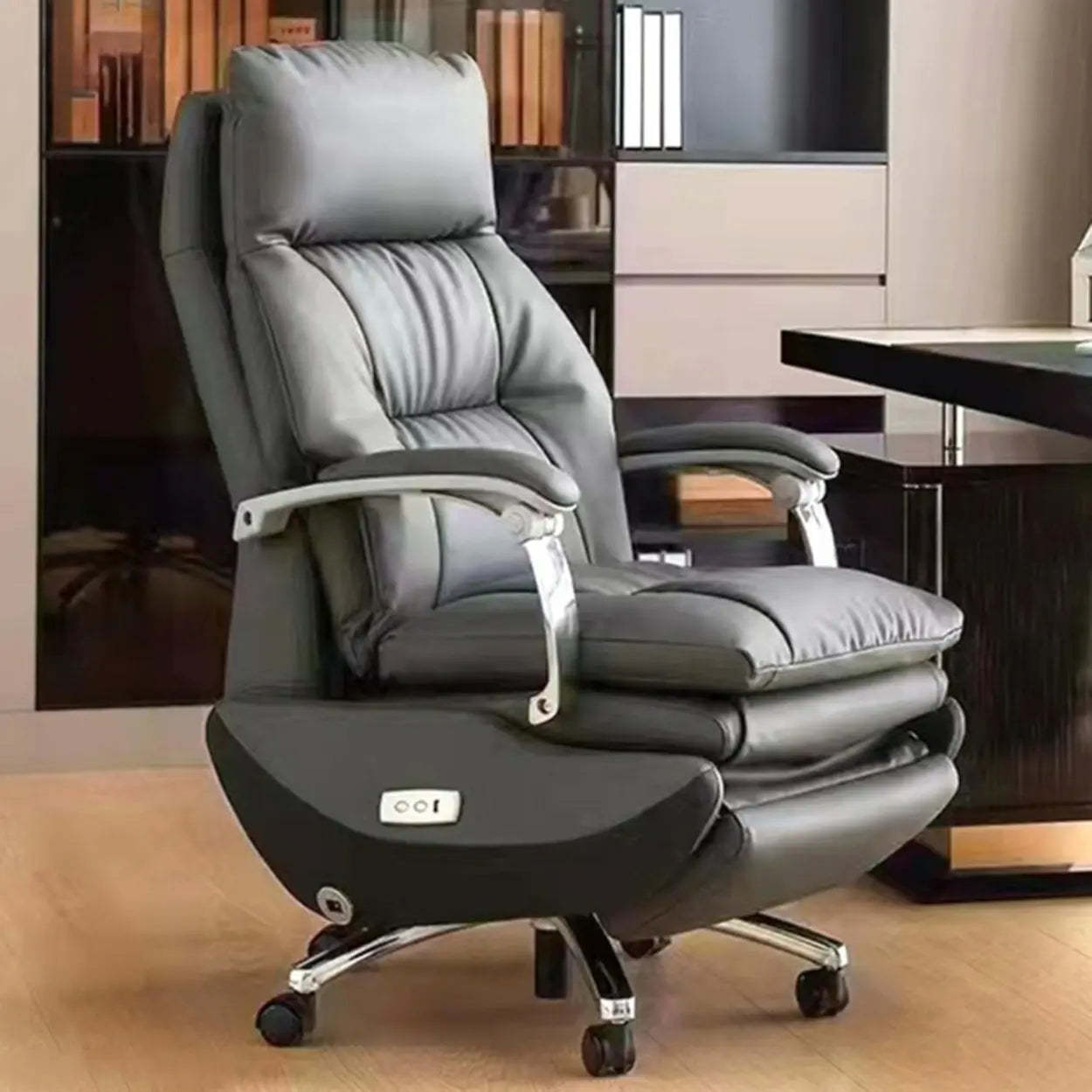 Adjustable Gray Ergonomic Leather Swivel Task Chair — Black / Cow Leather