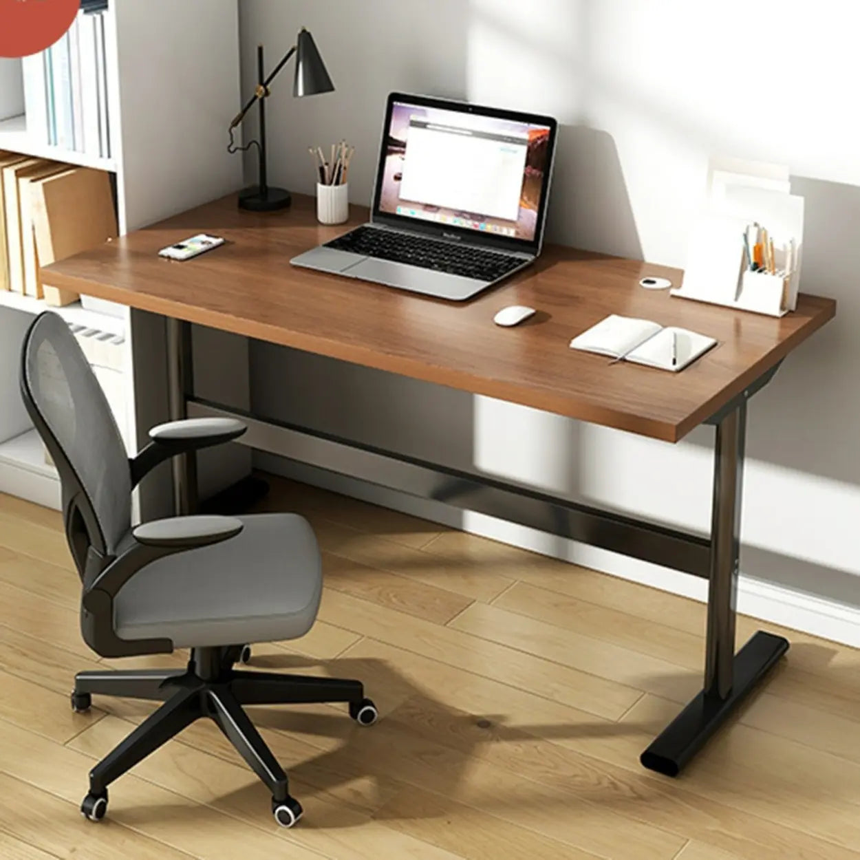 Adjustable Brown Wood T-Shape Standing Desk