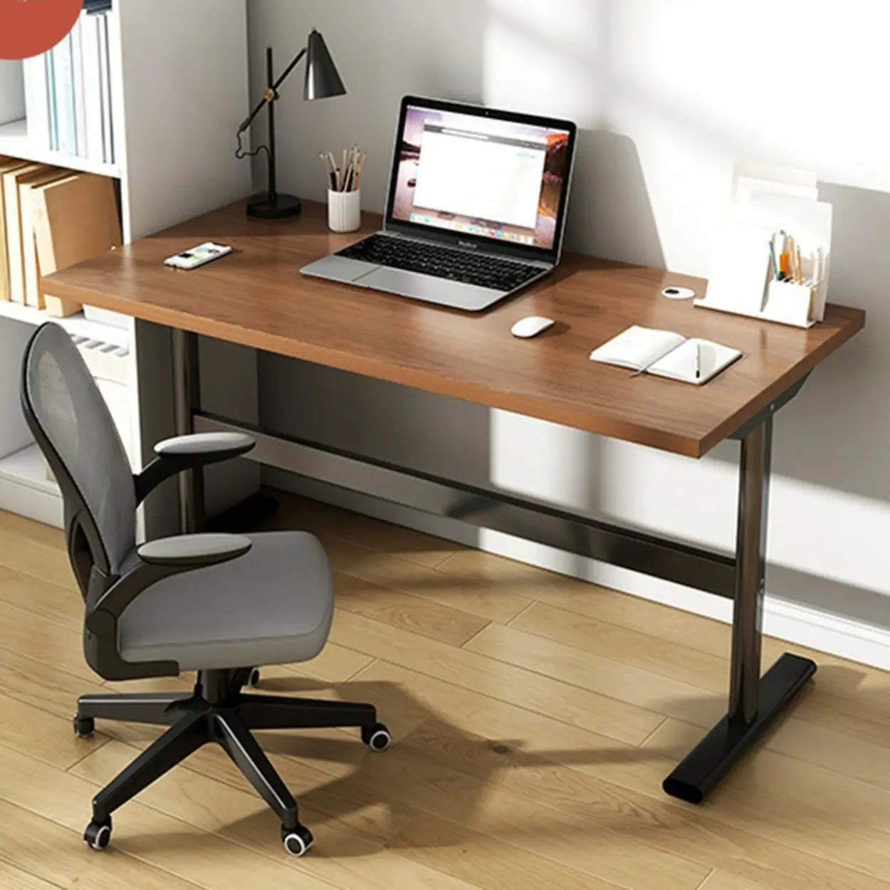 Adjustable Brown Wood T-Shape Standing Desk — Without Chairs
