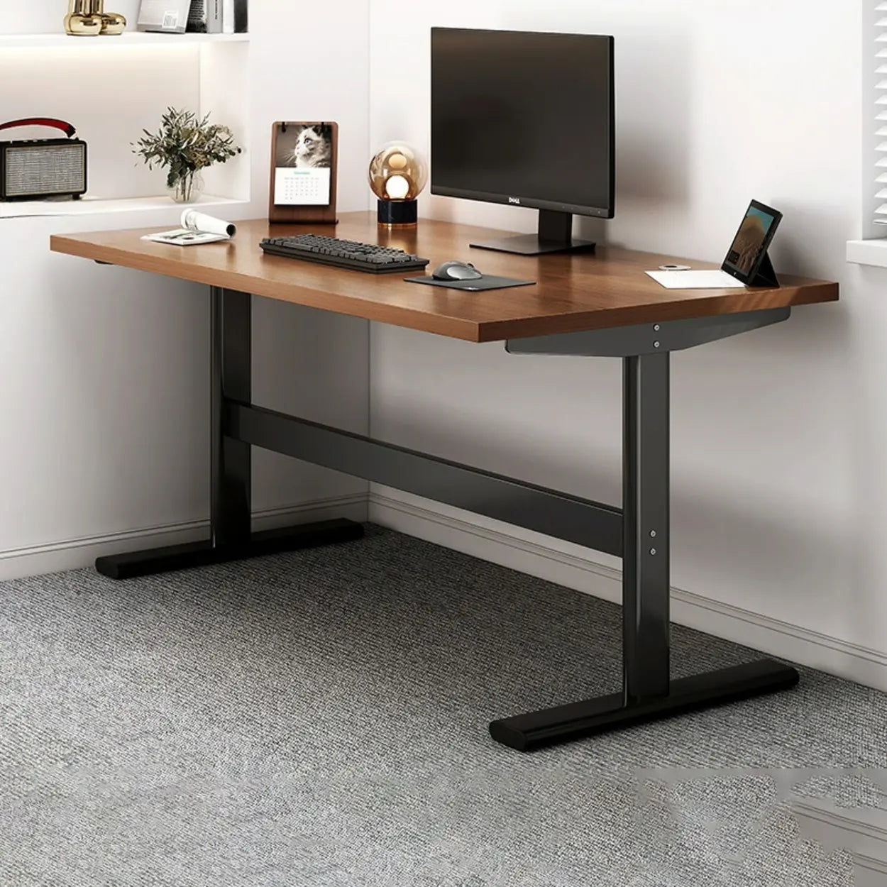 Adjustable Brown Wood T-Shape Standing Desk — Without Chairs