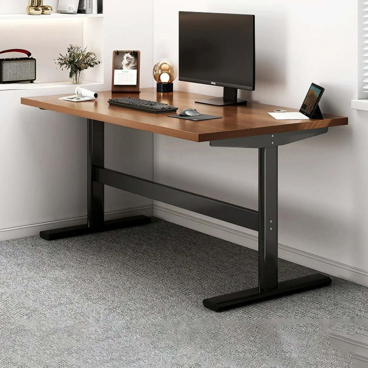 Adjustable Brown Wood T-Shape Standing Desk — Without Chairs