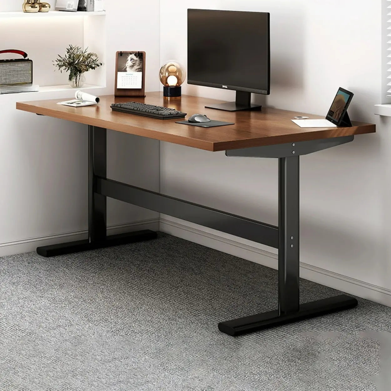 Adjustable Brown Wood T-Shape Standing Desk — Without Chairs