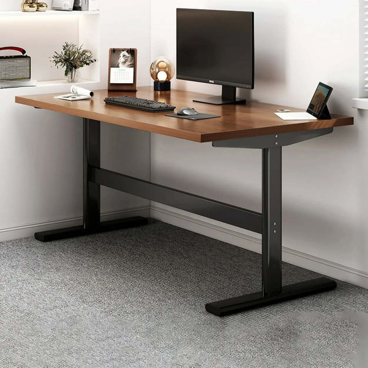 Adjustable Brown Wood T-Shape Standing Desk — Without Chairs