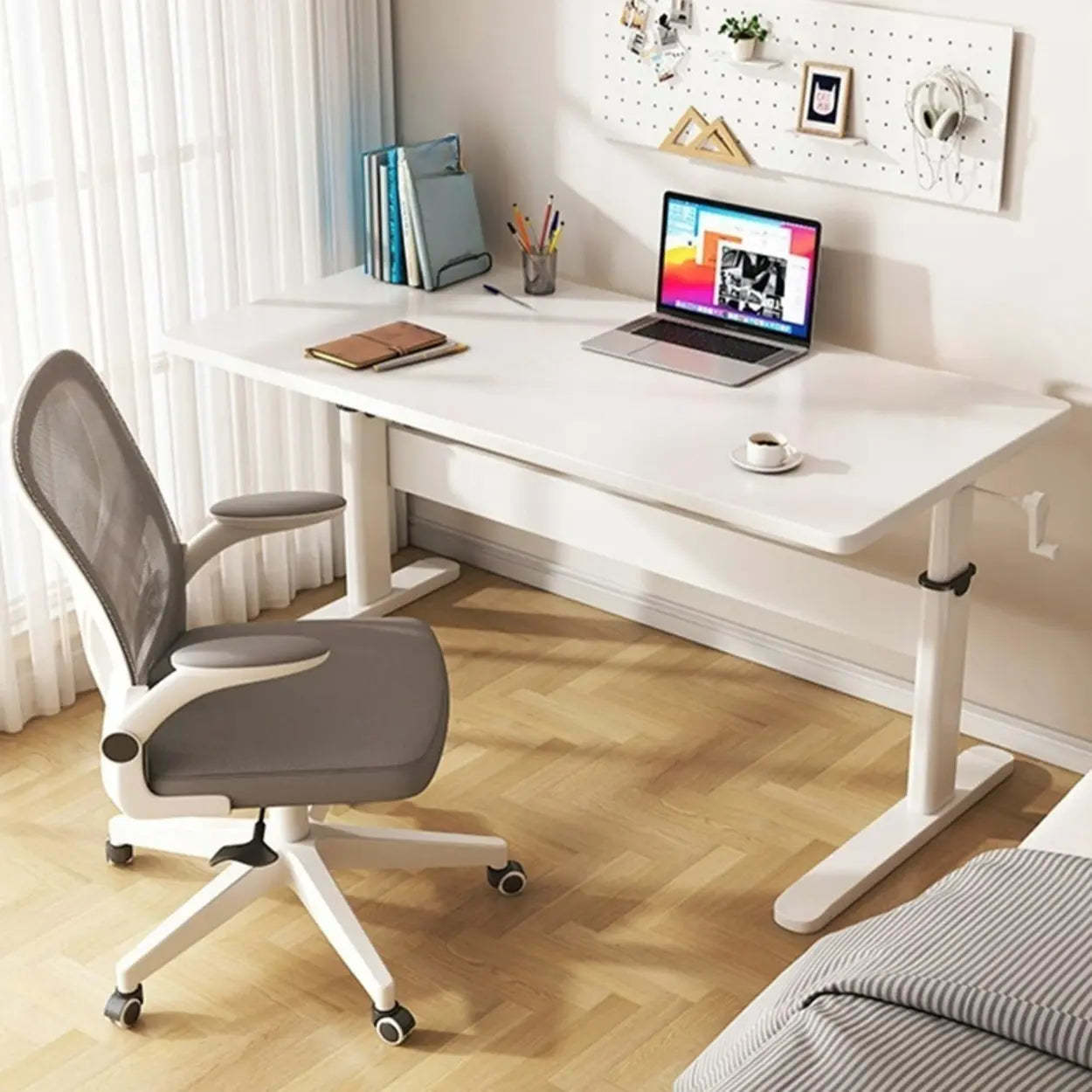 Adjustable Brown Wood T-Shape Standing Desk — Without Chairs
