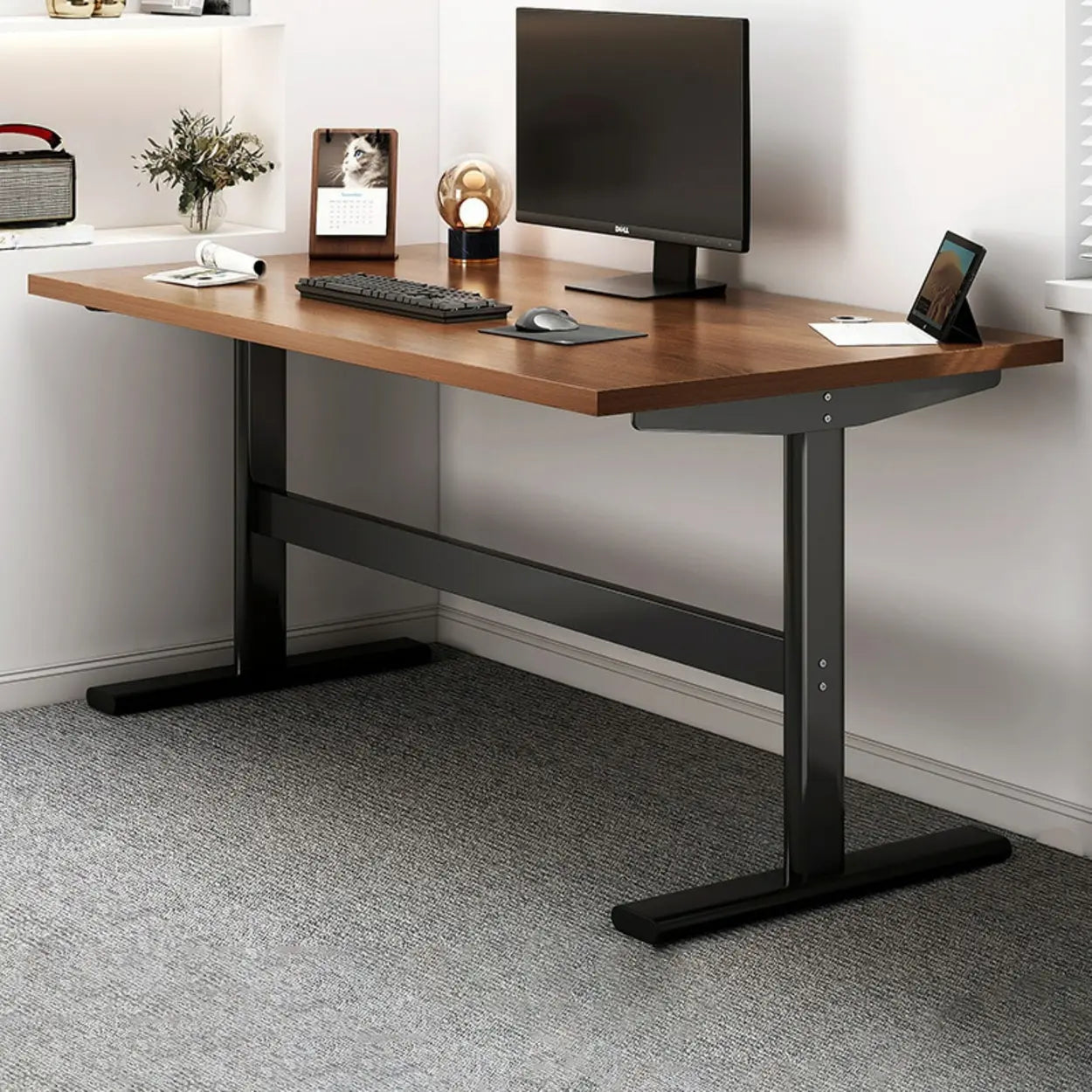 Adjustable Brown Wood T-Shape Standing Desk — Without Chairs