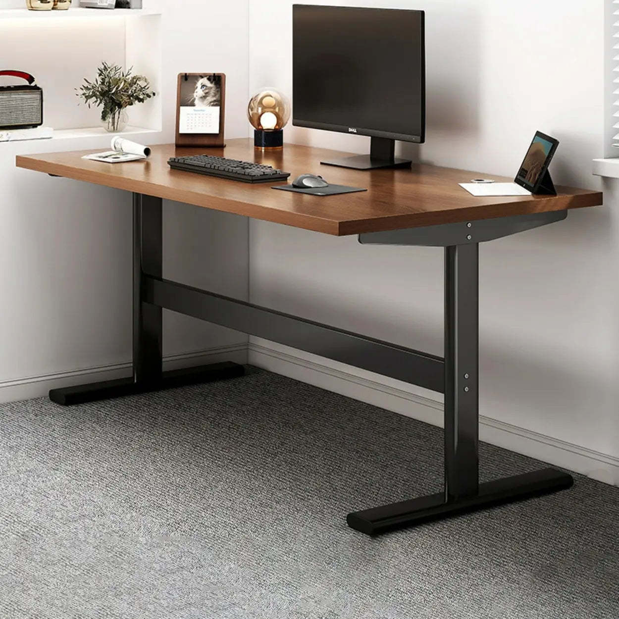 Adjustable Brown Wood T-Shape Standing Desk — Without Chairs