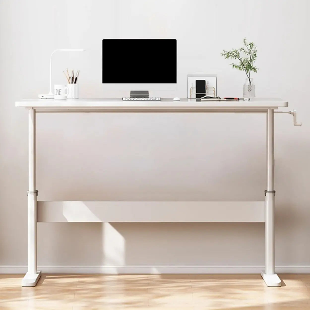 Adjustable Brown Wood T-Shape Standing Desk — Without Chairs