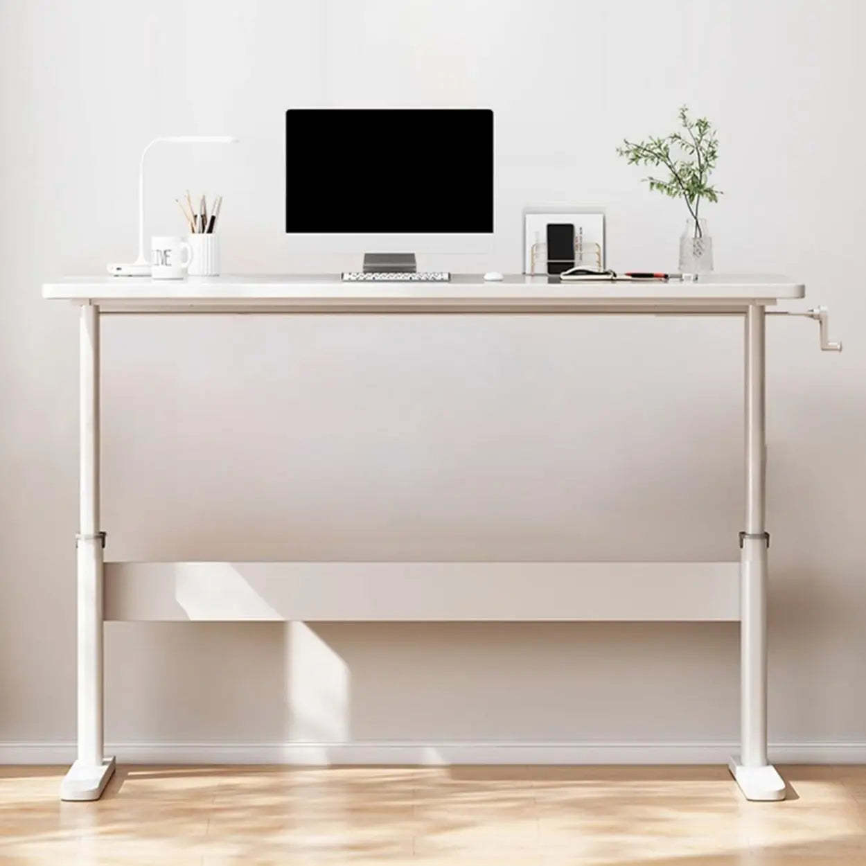 Adjustable Brown Wood T-Shape Standing Desk — Without Chairs