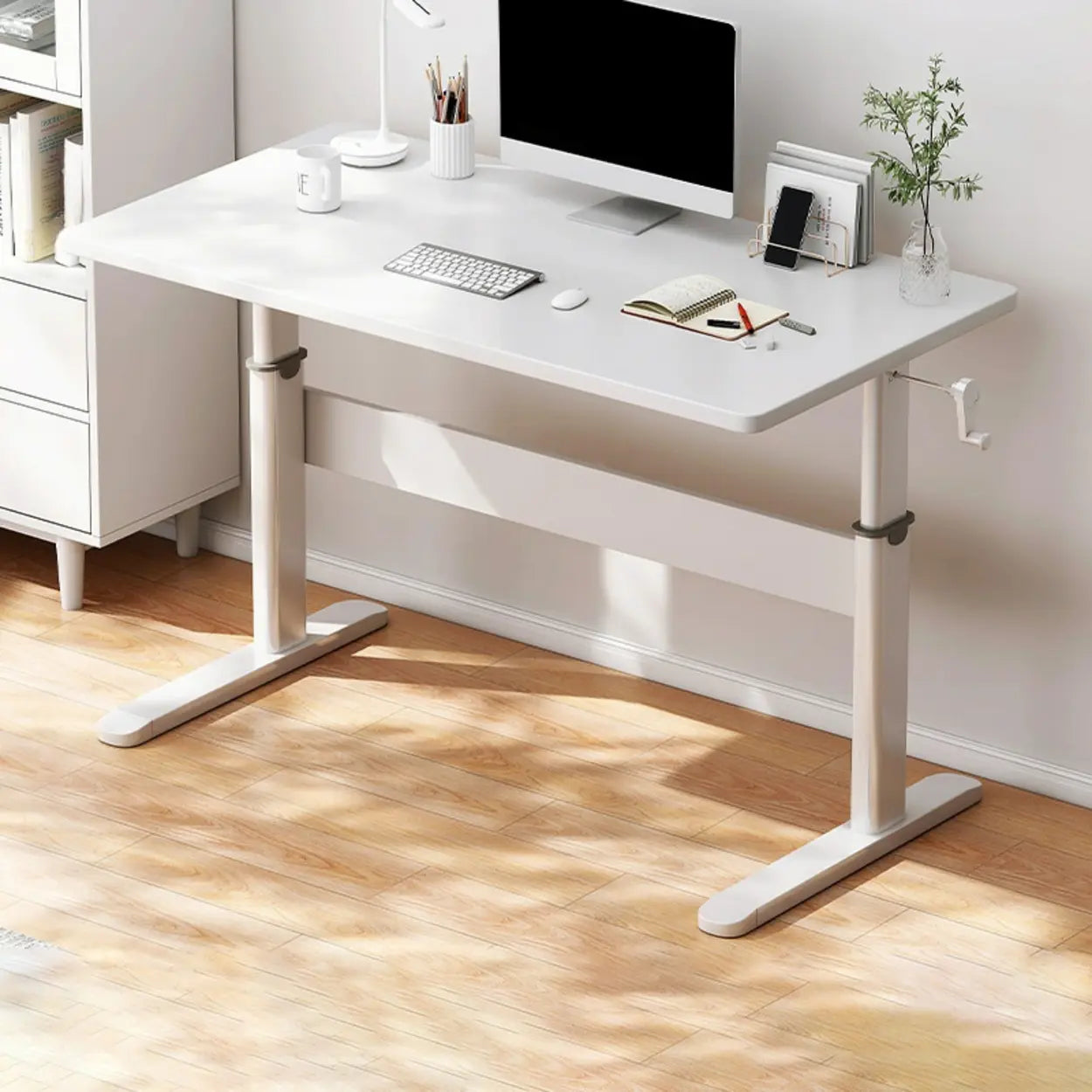 Adjustable Brown Wood T-Shape Standing Desk — Without Chairs