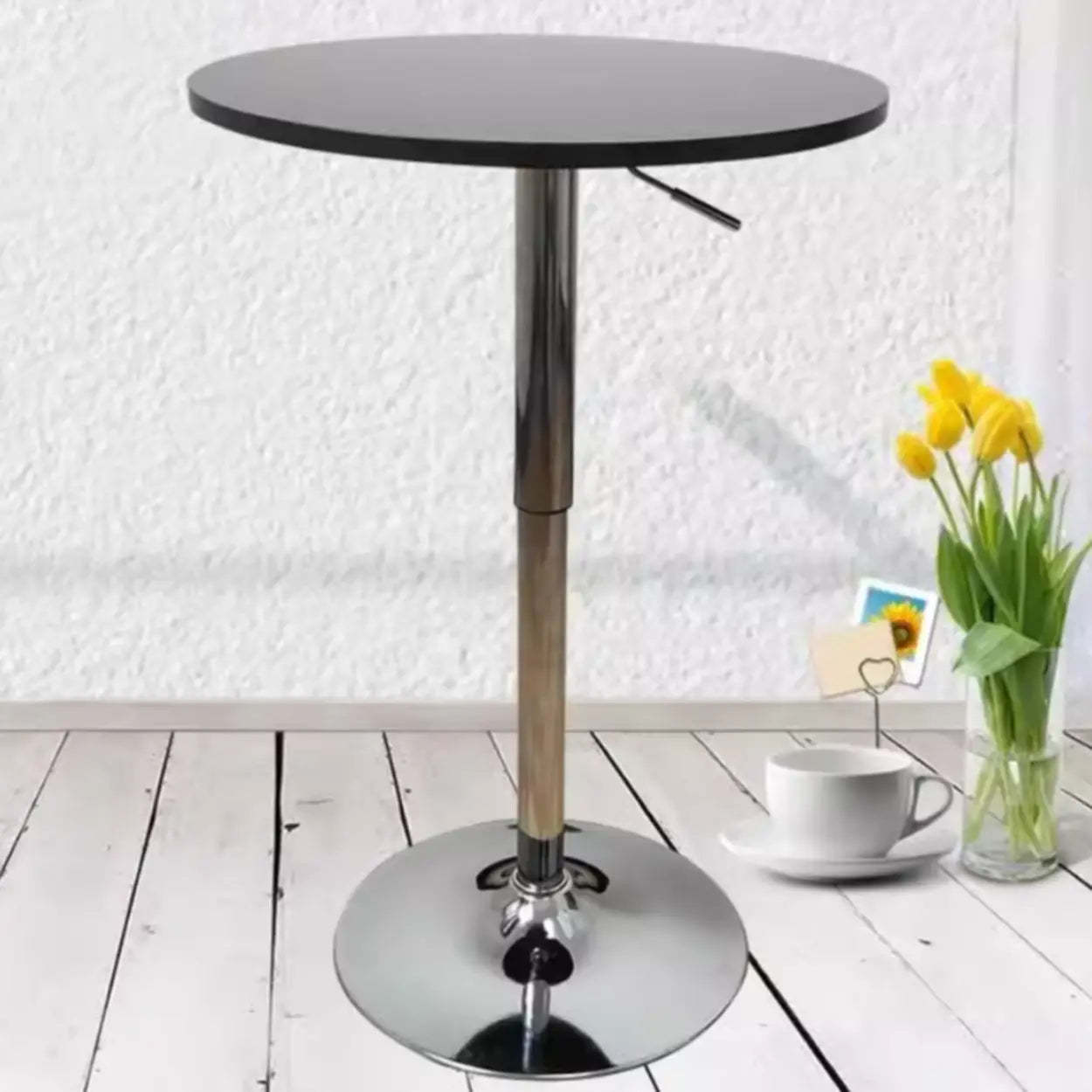 Modern Round Adjustable Bistro Bar Height Table — Black-Silver / Table Only