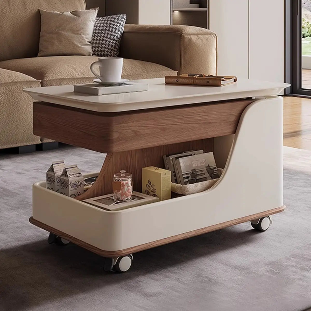Adjustable Rectangular Wood Side Table with Wheels — Black