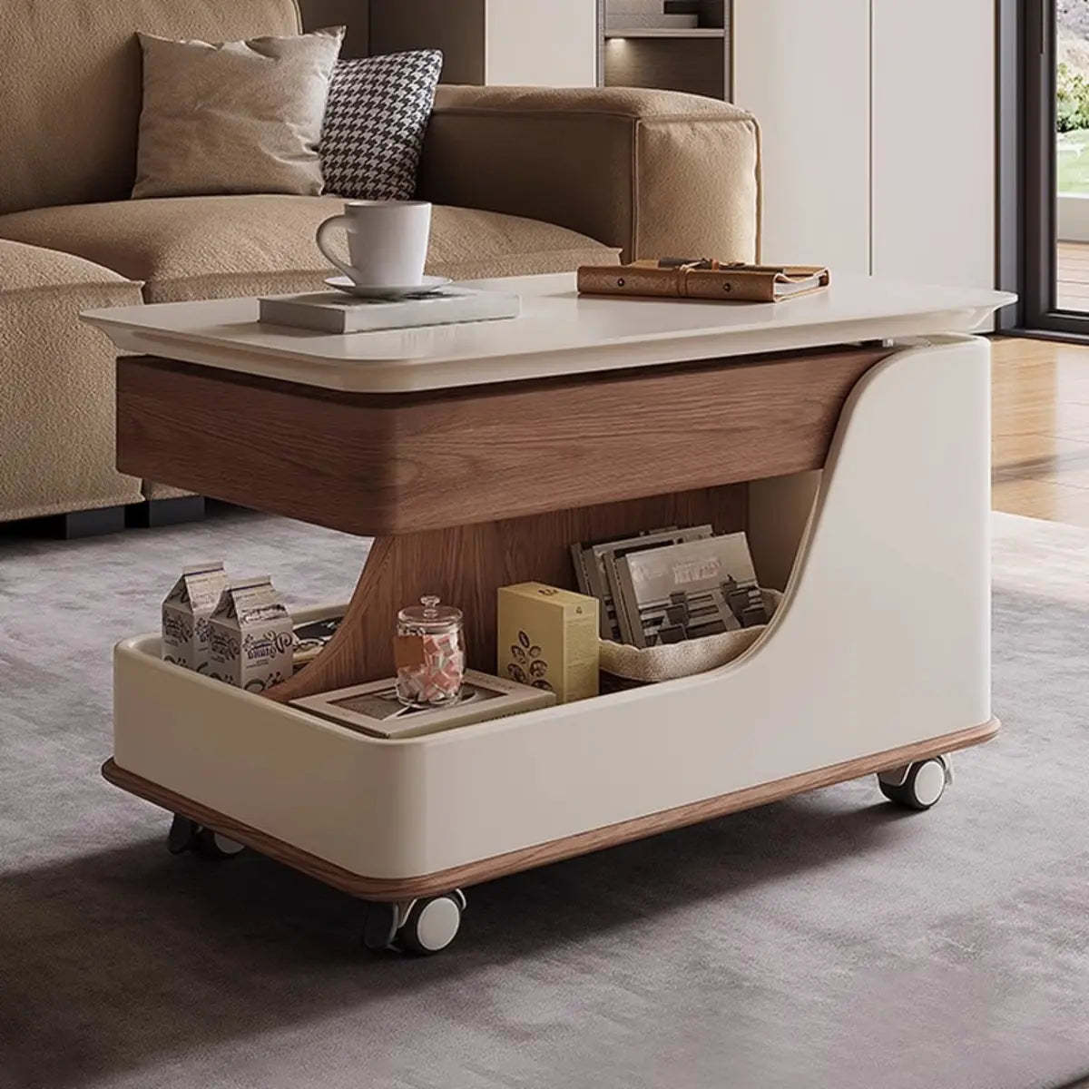 Adjustable Rectangular Wood Side Table with Wheels — Black