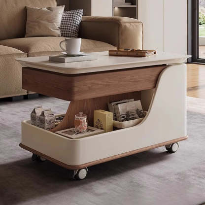 Adjustable Rectangular Wood Side Table with Wheels — Black