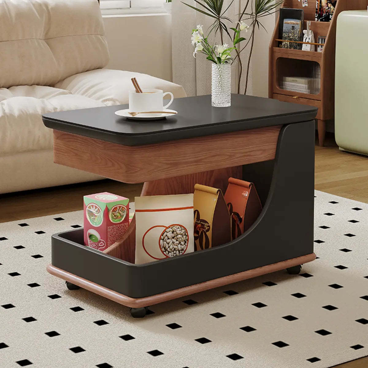Adjustable Rectangular Wood Side Table with Wheels — Nut-Brown