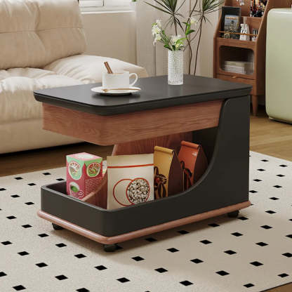 Adjustable Rectangular Wood Side Table with Wheels — Nut-Brown