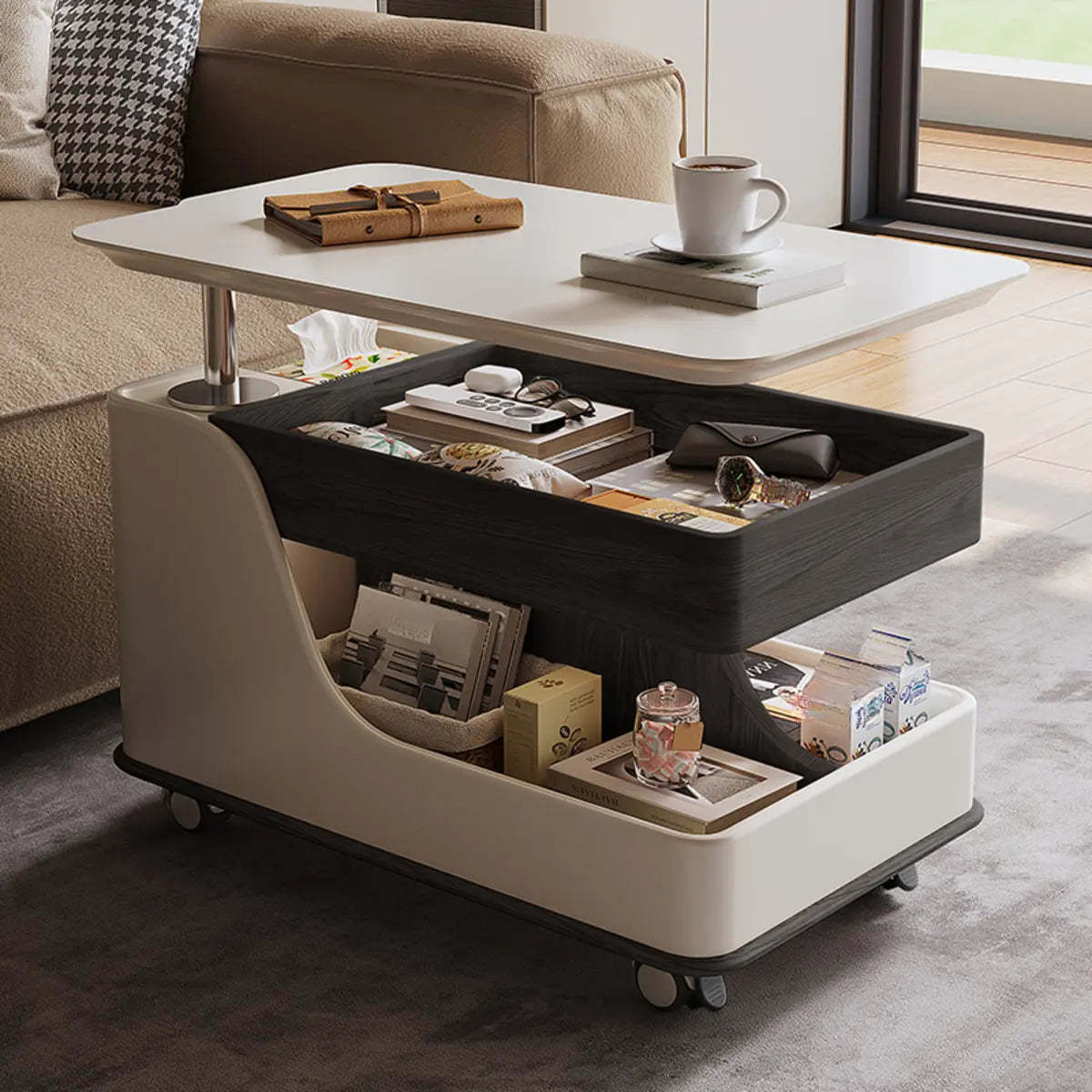 Adjustable Rectangular Wood Side Table with Wheels — Walnut/ Black