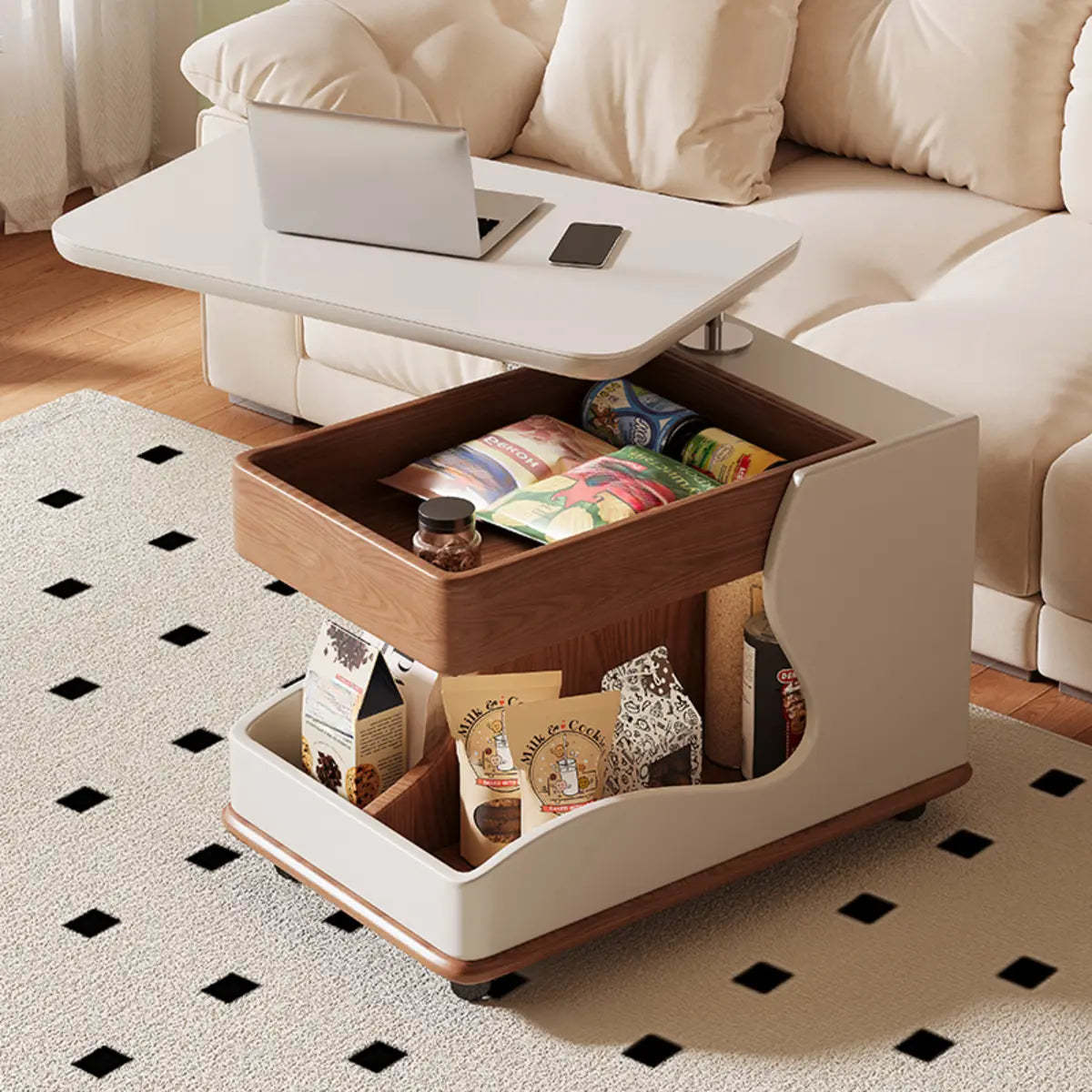 Adjustable Rectangular Wood Side Table with Wheels