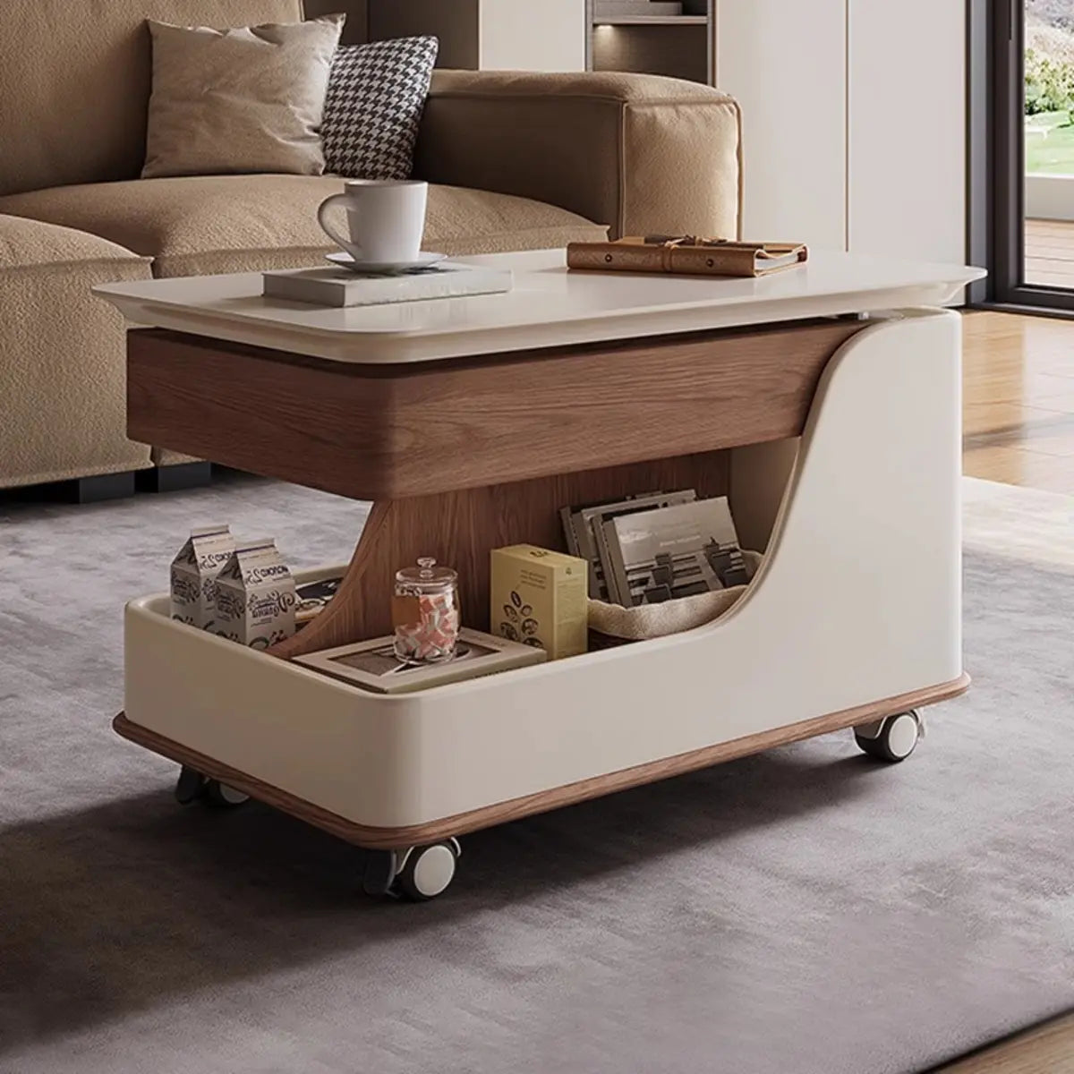 Adjustable Rectangular Wood Side Table with Wheels