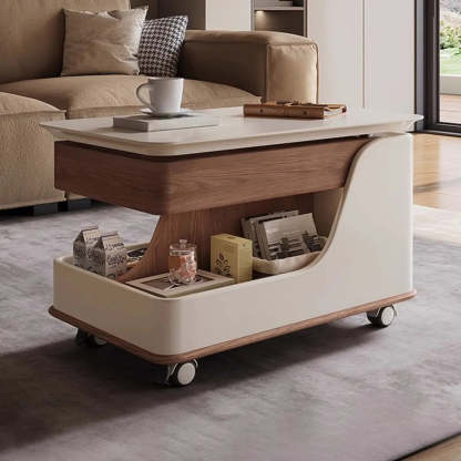 Adjustable Rectangular Wood Side Table with Wheels