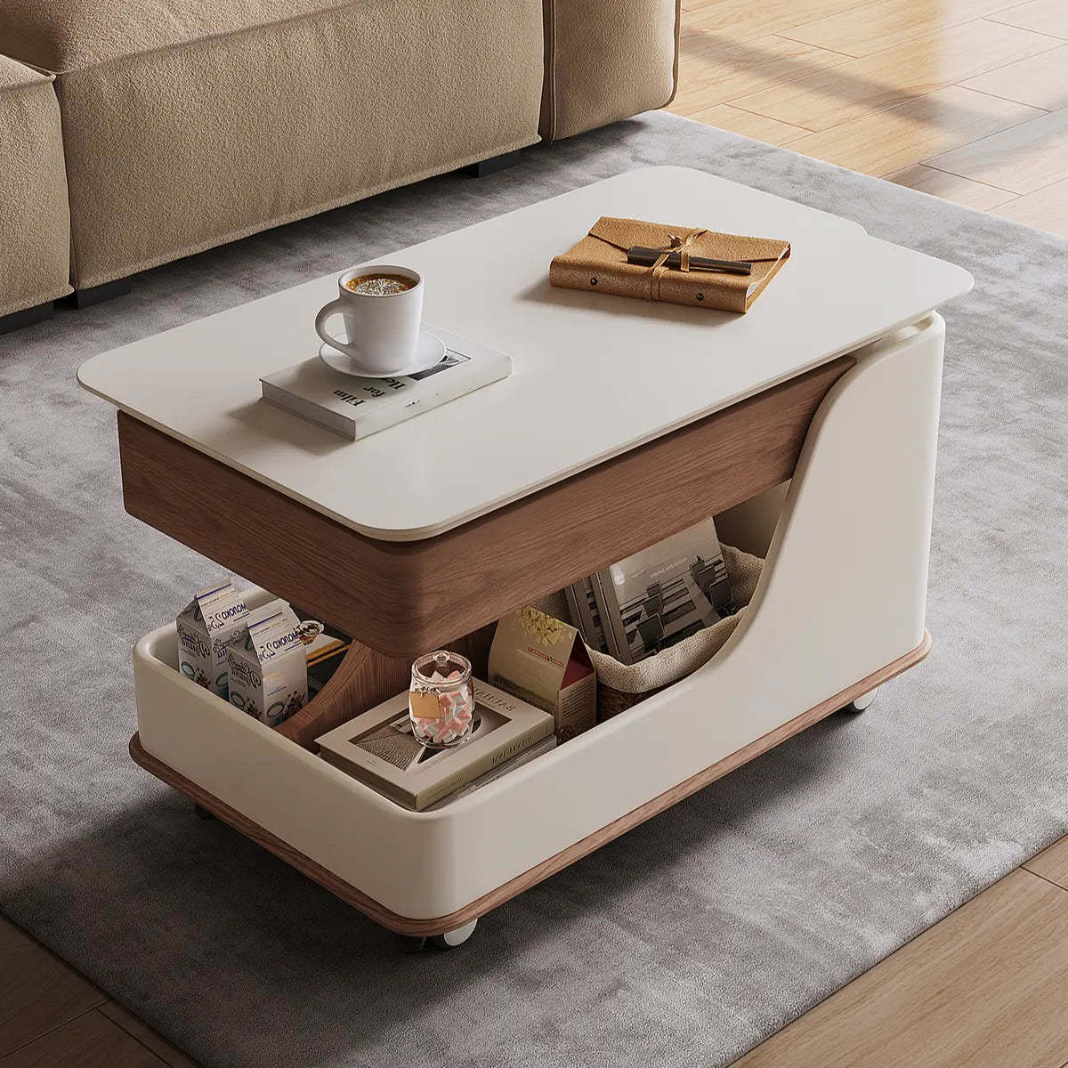 Adjustable Rectangular Wood Side Table with Wheels