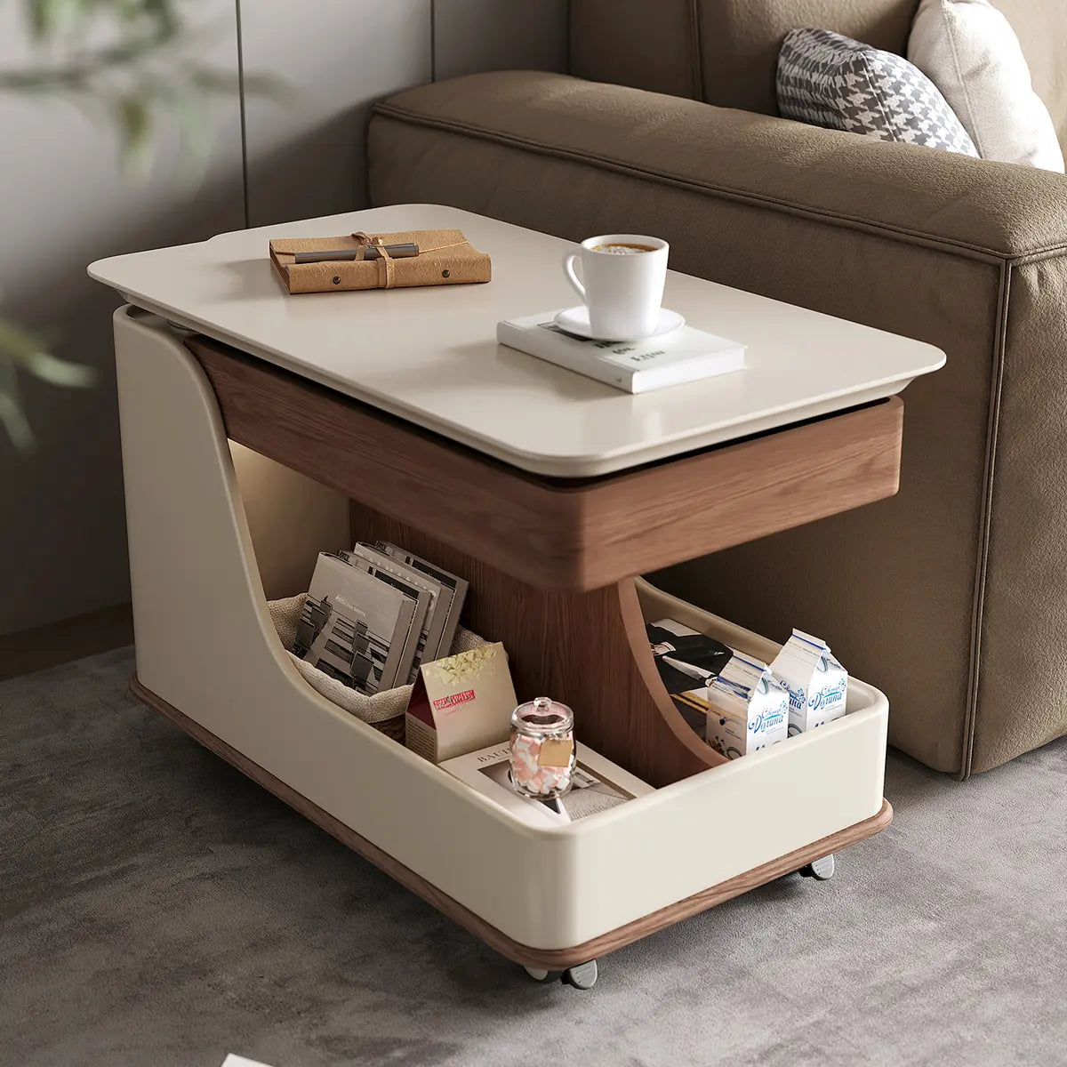 Adjustable Rectangular Wood Side Table with Wheels
