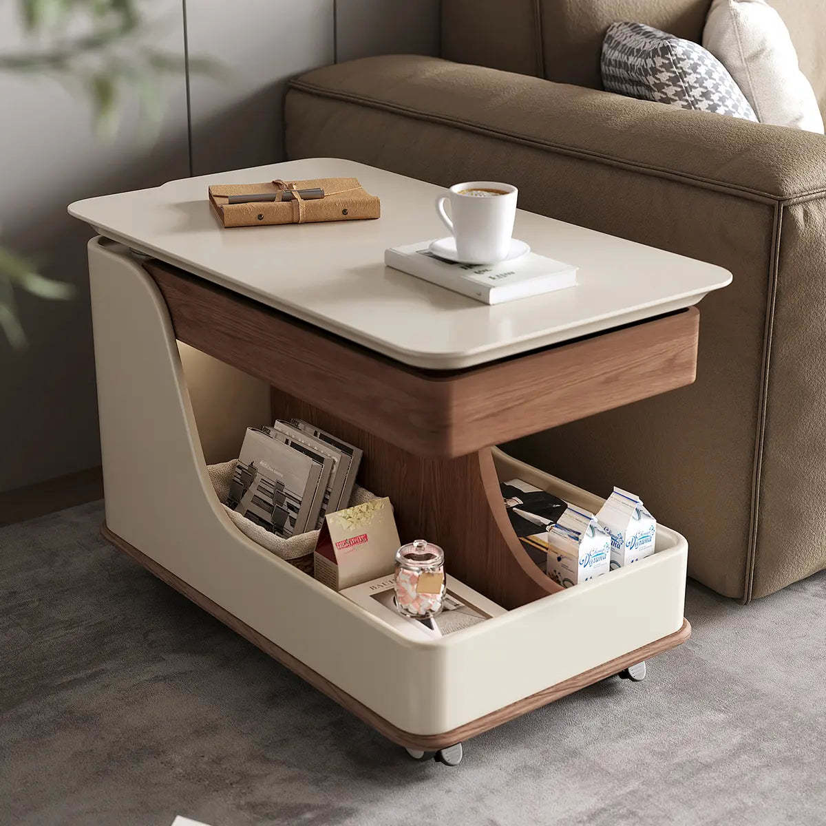 Adjustable Rectangular Wood Side Table with Wheels