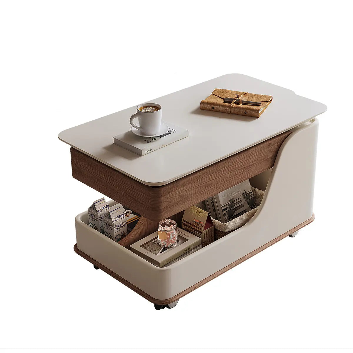 Adjustable Rectangular Wood Side Table with Wheels