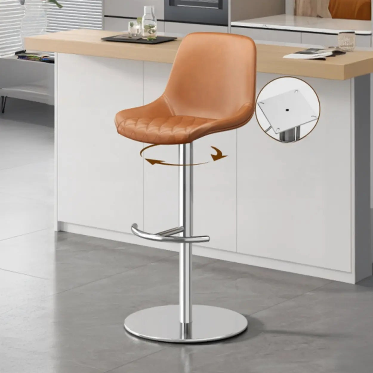 Adjustable Swivel Leather Bar Stool with Footrest — Reddish Brown