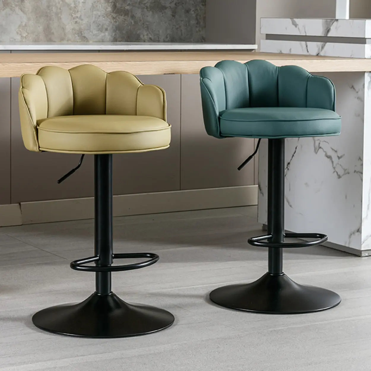 Adjustable Height Leather Curved-Back Swivel Bar Stool
