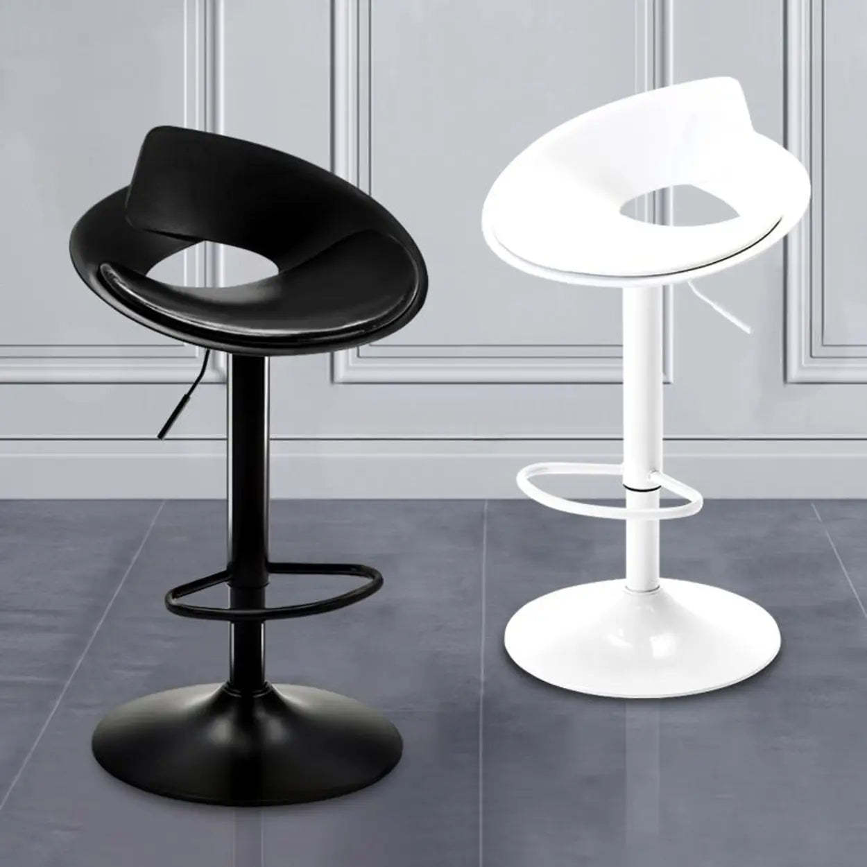 Adjustable Height Metal Leather Bucket Swivel Bar Stool — Black