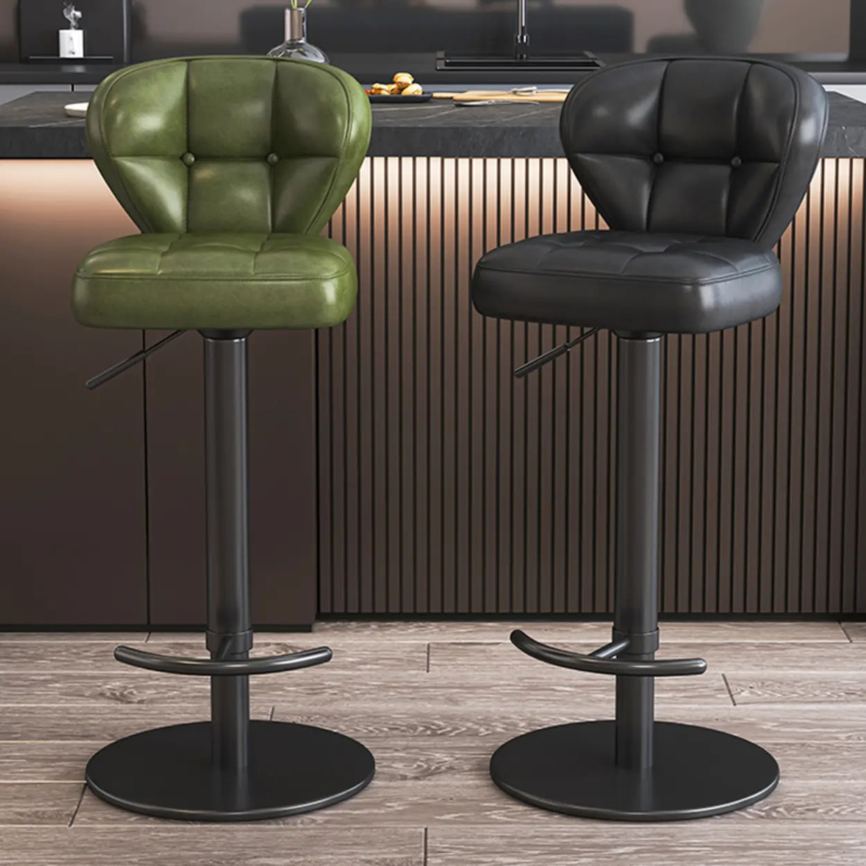 Adjustable Leather Swivel Pedestal Bar Stool — Black