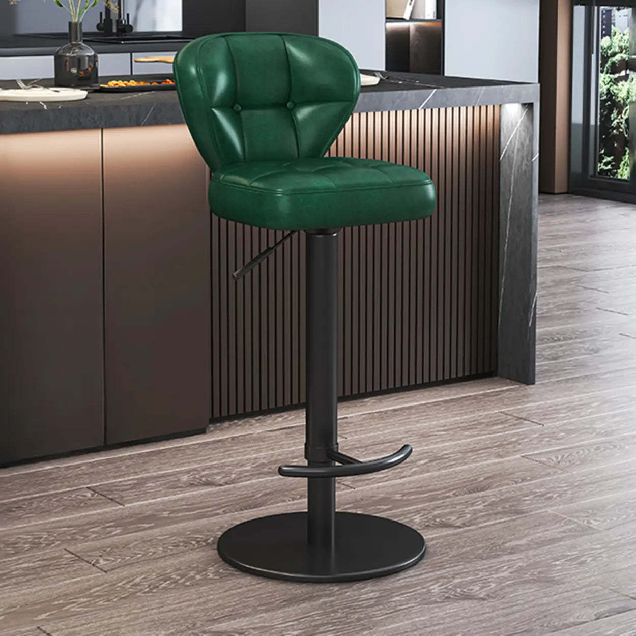 Gray leather pedestal bar & counter stools — Blackish Green