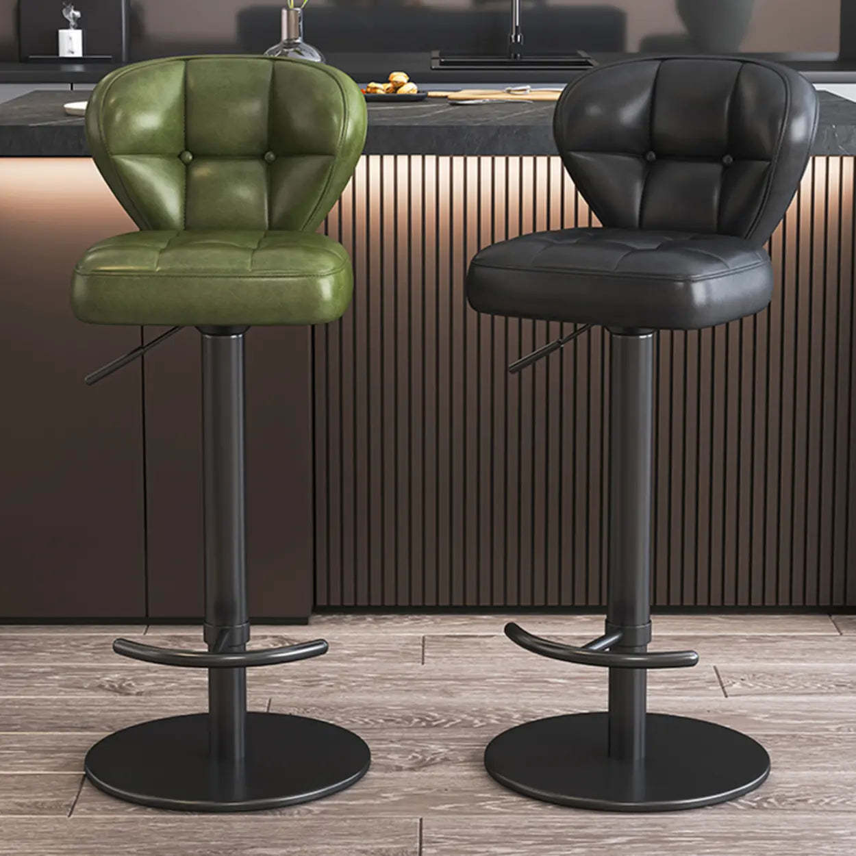 Adjustable Leather Swivel Pedestal Bar Stool — Black