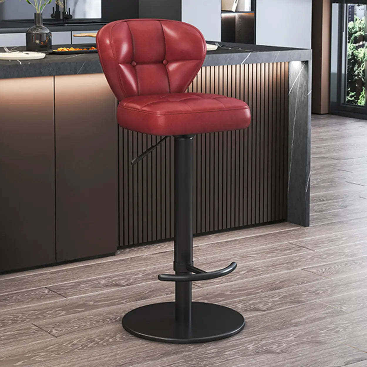 Adjustable Leather Swivel Pedestal Bar Stool — Brown